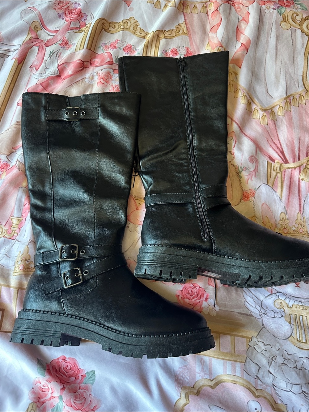 pop Black Knee-High Lug Sole Boots with Buckle Straps